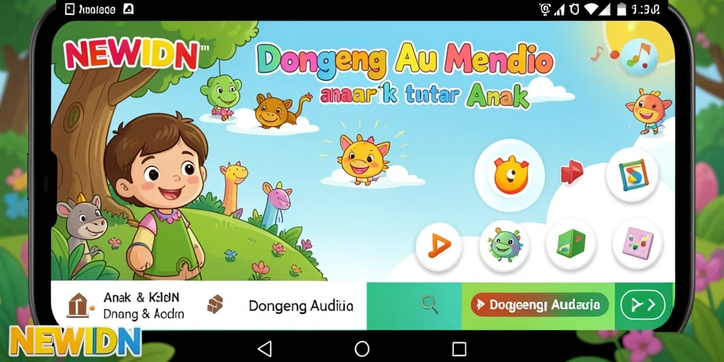 Tampilan antarmuka aplikasi NEWIDN dengan pilihan dongeng audio untuk anak.